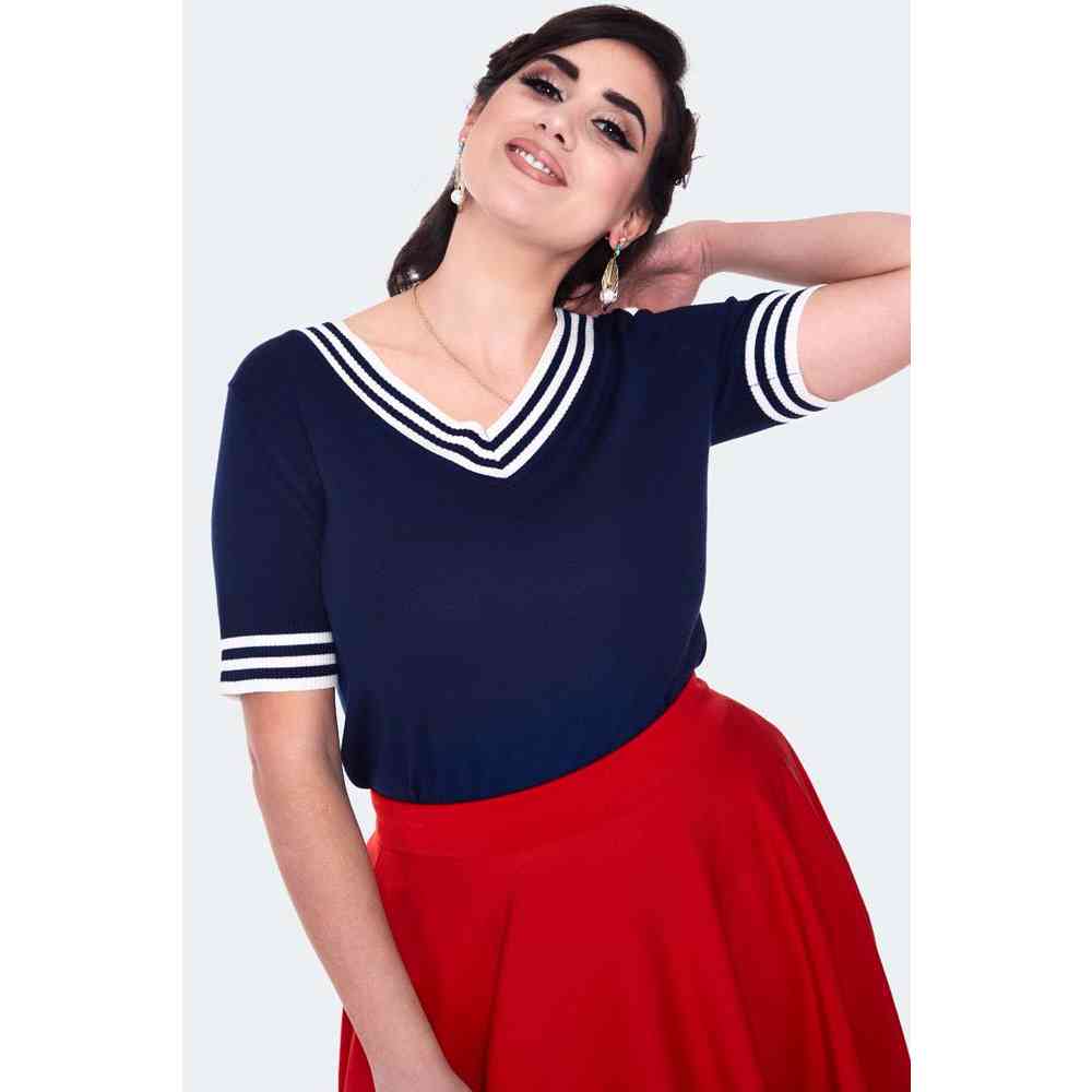 Voodoo Vixen - Stripe neckline short sleeve Top - Blue